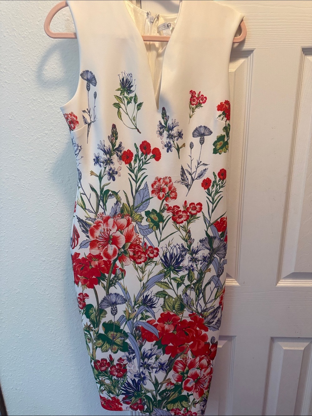New York & Company White Floral Sheath Dress with Red and Green Blooms